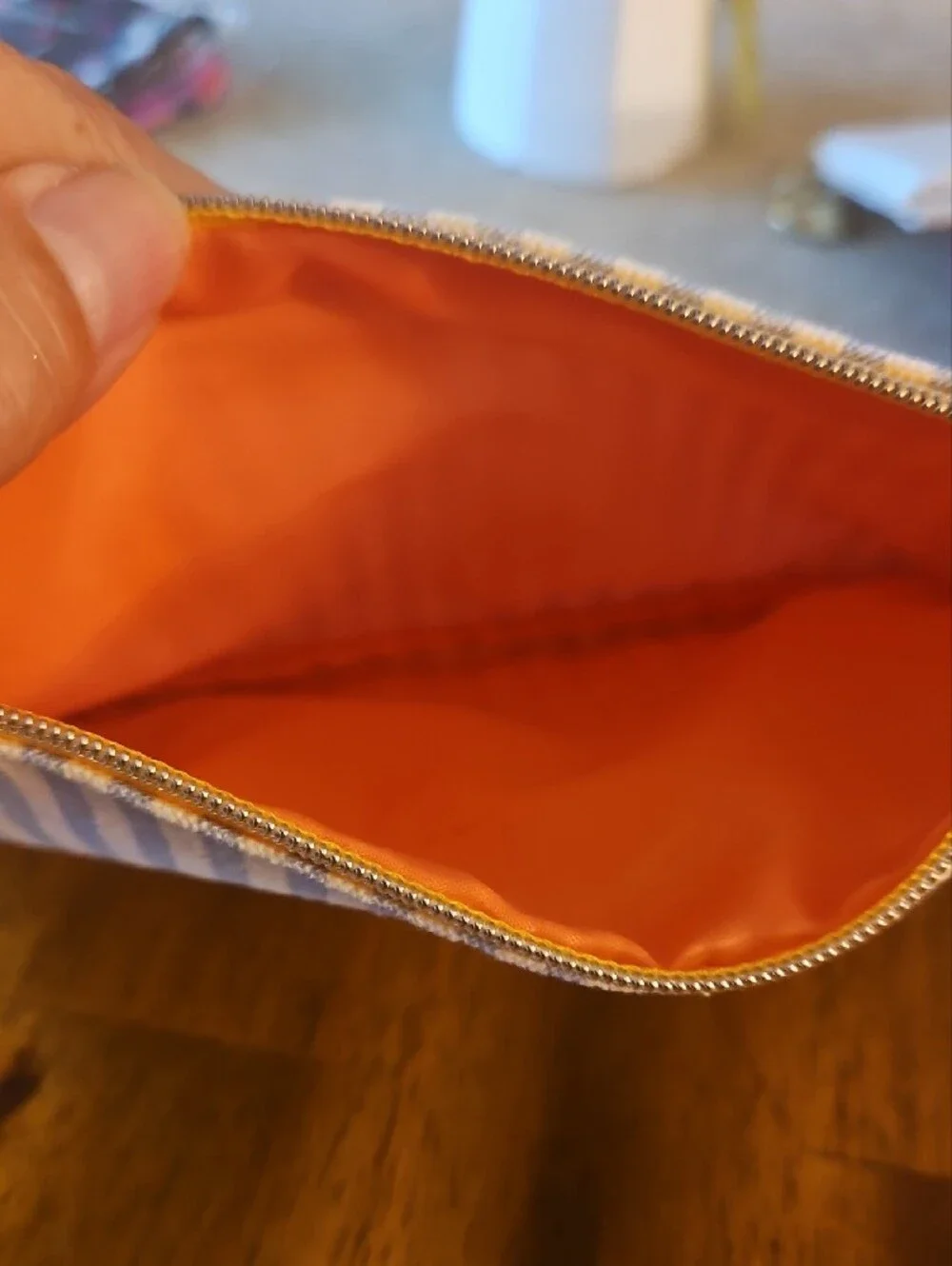 3 For $10 Ipsy Blue & White Striped Pouch with Peach Pom.